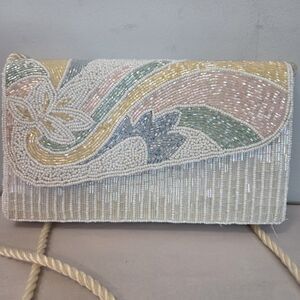 Beaded Crossbody Clutch Evening Purse Pastel Rainbow Peacock Magnetic Catch Pock
